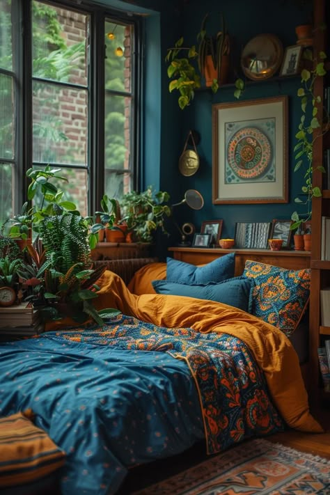 19 Trendy College Dorm Room Ideas (New) Orange And Blue Room Ideas, Vintage Cozy Room Ideas Aesthetic, Vintage Dorm Room Aesthetic, Happy Bedroom Ideas, Blue Boho Room, Funky Room Ideas, Cozy Maximalism Bedroom, Box Room Ideas, Dorm Inspo Cozy