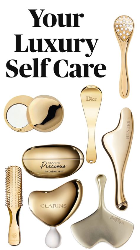 Gold-toned products for your vanity collection Vanity Niche, Luxury Self Care, Makeup Luxury, Collection Aesthetic, Skin Aesthetics, Skincare Collection, Beauty Routine Tips, Healthy Lifestyle Inspiration, Beauty Equipment