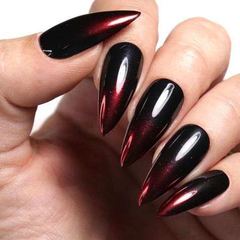 Red chrome nails. Black To Red Fade Nails, Black Nails With Red Foil Flakes, Black Nails Red Chrome, Black With Red Chrome Nails, Black And Orange Chrome Nails, Black Chrome Stiletto Nails, Black Red Chrome Nails, Black Nails With Chrome Tips, Red Black Chrome Nails