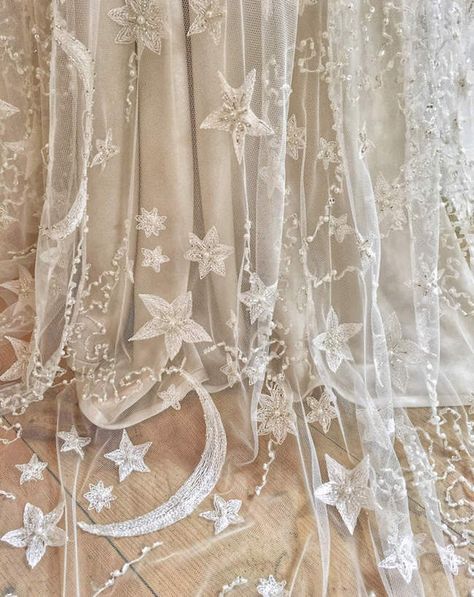 Celestial Inspiration – Cosmic Wedding Dresses For Moon-babes... Starry Night Wedding, Embroidered Wedding Dress, Moon Wedding, Celestial Wedding, Beaded Tulle, Wedding Boho, Embroidered Wedding, Moon And Stars, Wedding Veils