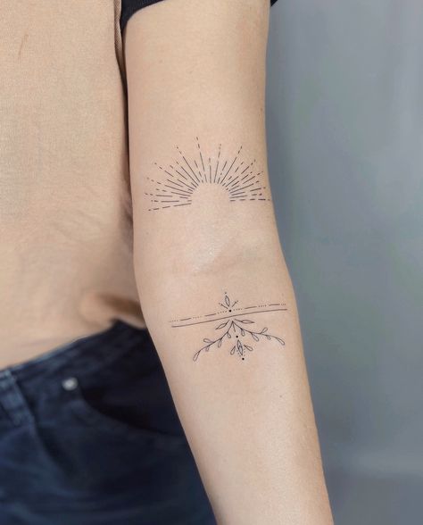 Sun Rays Tattoo, Above Elbow Tattoo, Roots Tattoo, Sunshine Tattoo, Ray Tattoo, Tiny Heart Tattoos, Fern Tattoo, Light Tattoo, Dot Tattoos