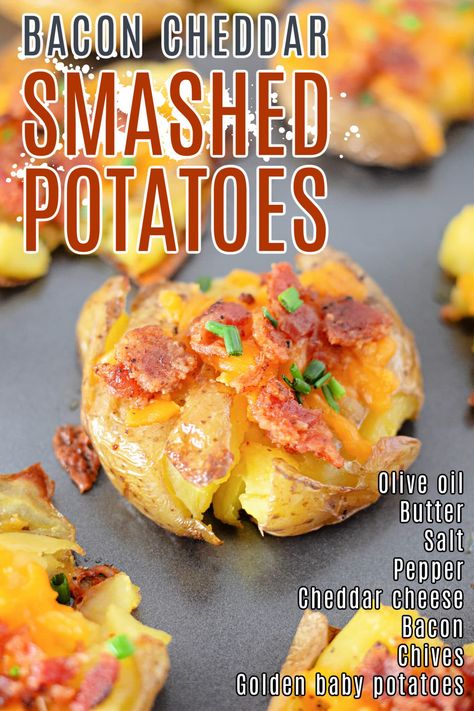 Smashed Golden Potato Recipes, Loaded Smashed Baby Potatoes, Smashed Potatoes Appetizer, Cheddar Potato Bake, Smashed Loaded Baby Potatoes, Smashed Potatoes On The Grill, Boiled Smashed Baked Potatoes, Loaded Smashed Potatoes Baked, Smash Baby Potatoes