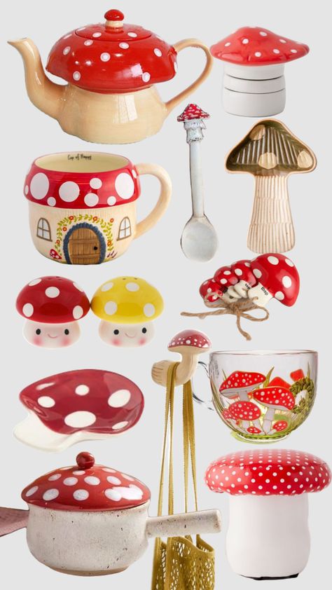 Mushroom kitchen decor World Market Mushroom, Mushroom Decor Aesthetic, Mushroom Things To Buy, Mushroom Themed Room Decor, Fairy Kitchen Decor, Fantasy Kitchen Decor, Mushroom Astethic Room, Vintage Mushroom Kitchen Decor, Mushroom Themed Room Aesthetic