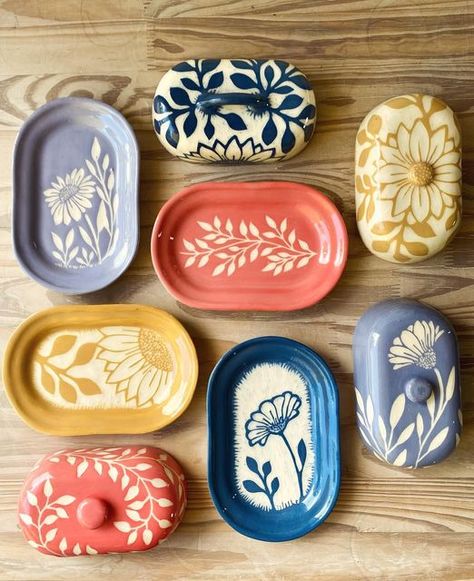 Handmade Ceramic Butter Dish, Handmade Butter Dish, Pottery Painting Butter Dish, Butter Dish Pottery Painting, Ceramic Butter Dish Handmade, Clay Butter Dish, Pottery Glazing Ideas, Clay Dish Ideas, Mishima Ceramics