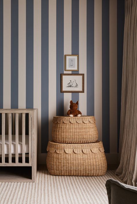 Swirling Wind — Bide Studio | Interior Design by Sarah Killam Blue Stripe Wall, Striped Nursery Walls, Coastal Themed Nursery, Baby Boy Nursery Colorful, Boy Room Interior Design, Blue Crib Nursery, Preppy Boy Nursery, Studio Buchanan, Painted Wall Stripes