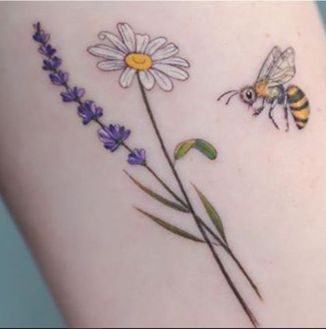 Small Hummingbird Tattoo With Flowers, Daisy Tattoo Ideas, April Birth Flower Tattoo, Birth Flower Tattoo Ideas, Daisy Tattoo Designs, Bumble Bee Tattoo, Daffodil Tattoo, Flower Tattoo Ideas, Lavender Tattoo