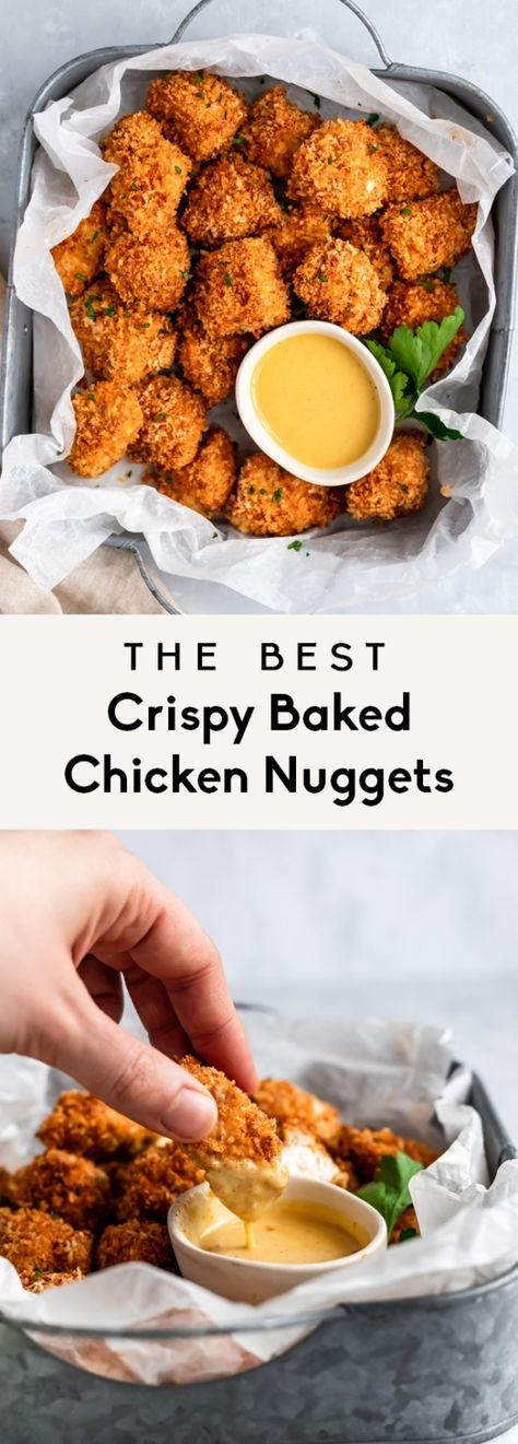 These are the BEST crispy baked chicken nuggets you'll ever make! This delicious, healthy baked chicken nuggets recipe takes just 30 minutes in the oven and uses super simple ingredients like panko breadcrumbs, chicken breast and delicious spices. Serve with honey mustard, ketchup or your favorite BBQ sauce. Kid-friendly and adult approved! #chicken #chickennuggets #kidfriendly #comfortfood #dinnerideas #healthydinner Breadcrumbs Chicken, Cooking With Kids Recipes, Healthy Chicken Nuggets, Chicken Nuggets Recipe, Baked Chicken Nuggets, Homemade Chicken Nuggets, Healthy Baked Chicken, Chicken Nugget Recipes, Nuggets Recipe