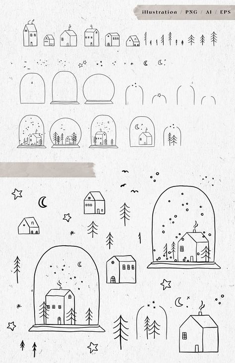 Winter Houses, Christmas Tree Illustration, Village Drawing, House Doodle, Winter Drawings, مشروعات العلوم, Bujo Doodles, Arte Aesthetic, Arte Doodle