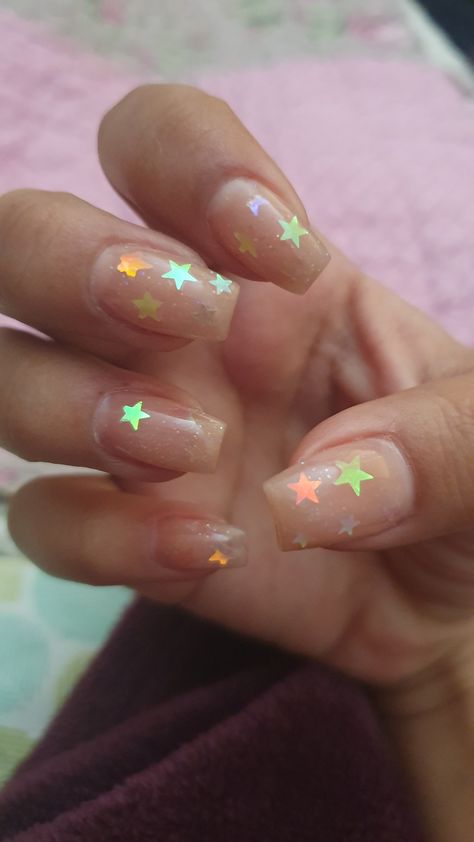 Star Decal Nails, Star Sequin Nails, Fairy Aesthetic Nails Short, Star Sticker Nails, Clear Nails With Stars, Color Star Nails, Clear Star Nails, Yellow Star Nails, Star Glitter Nails