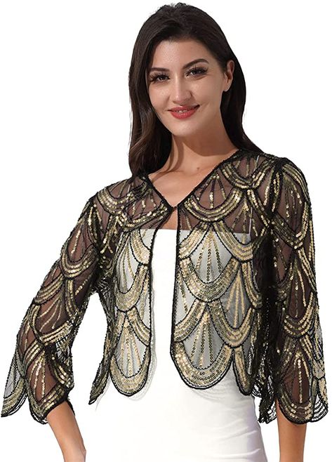 ranrann Women 1920s Sequined Shawl Wraps Long Sleeve Evening Cape Flapper Bolero Shrug Black One Size at Amazon Women’s Clothing store Style Bolero, Vintage Bolero, Wedding Event Dresses, Wedding Cocktail Party, Evening Accessories, Shrug For Dresses, Lace Bolero, Bolero Shrug, Diy Vetement