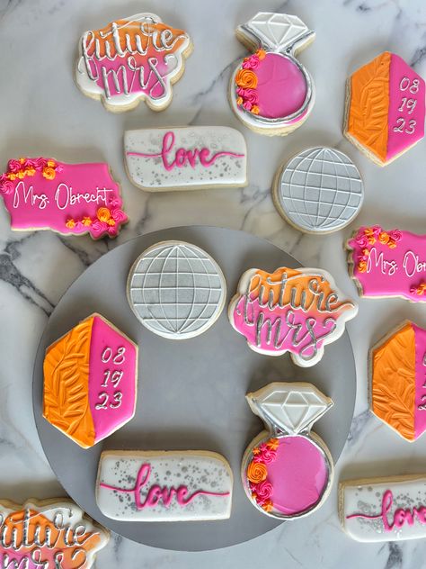 Disco Bridal Shower Cookies, Bachelorette Decorated Cookies, Pink And Orange Cookies, Pink And Orange Bridal Shower Decor, Orange Bachelorette, Bridal Shower Chocolate, Wedding Shower Cookies, Orange And Pink Wedding, Pink Bachelorette