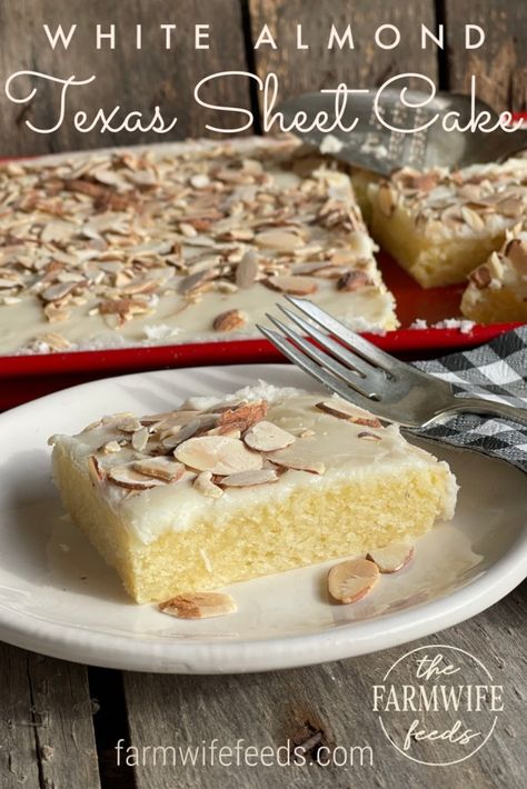 White Almond Texas Sheet Cake is moist and delicious with a creamy almond-flavored glaze. An easy homemade dessert that's a crowd-pleaser. White Texas Almond Sheet Cake, Almond Texas Sheet Cake, Almond Sheet Cake Recipe, Almond Sheet Cake, White Sheet Cakes, White Texas Sheet Cake, Easy Homemade Desserts, Sheet Cake Recipe, Texas Sheet