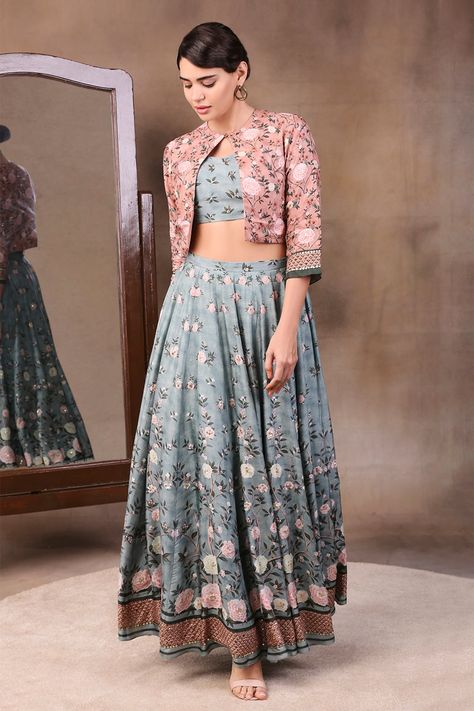 Buy #Soup by #SougatPaul #printed lehenga with #jacket online at #Aza #Fashions Shop online now at #Azafashions.com Call +12132135273 or email contactus@azafashions.com for enquiries. #wedding #festive #ethnic #tradional #shopping #shoponline #party #reception #cocktail Lehenga With Jacket, Jacket Lehenga, Cape Lehenga, Printed Lehenga, Green Lehenga, Indian Fashion Designers, Pink Jacket, Embroidered Jacket, Designer Gowns