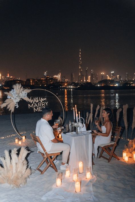 Boho engagement proposal / romantic setup / white setup / will you marry me neon sign/ Dubai / noora events  / Dubai events Maldives Proposal, Caribbean Proposal, Dream Proposal Romantic, Bali Proposal, Boho Proposal, Girlfriend Proposal Ideas, Proposal Setup, Wedding Proposal Ideas Engagement, Girlfriend Proposal