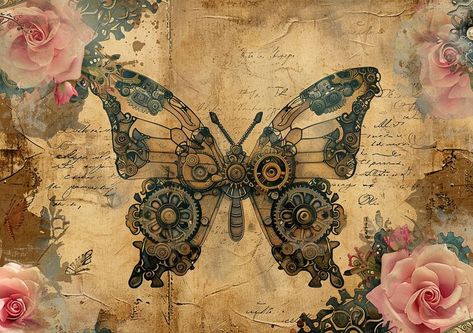 Free Printables by WimziCraft | ⚙️Steampunk butterflies - vintage wide backgrounds | Facebook Steampunk Printables Free Steam Punk, Free Steampunk Printables, Steampunk Printables, Steampunk Diy Crafts, Steampunk Scrapbook, Free Paper Printables, Butterflies Vintage, Steampunk Mixed Media, Mixed Media Art Tutorials