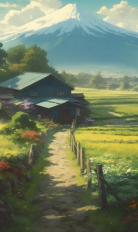 Anime Countryside Aesthetic, Anime Countryside Wallpaper, Anime Sunny Day Background, Japanese Countryside House Aesthetic, Japanese Countryside Wallpaper, Bright Sunny Day Aesthetic Wallpaper, Japan Countryside Houses, Bright Anime Wallpaper, Anime Mountain Background