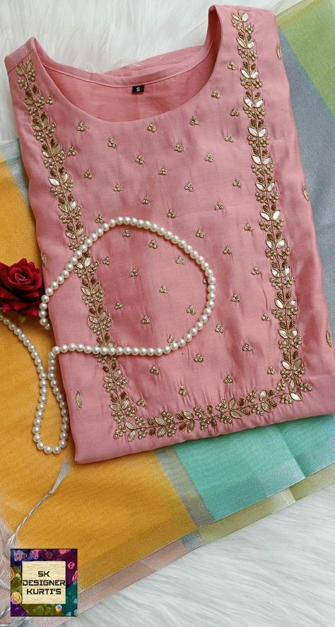 Salwar Neck Designs Aari Work, Khatali Work Kurti Neck, Vastra Designer Surat, Kodi Work On Kurti, Handmade Embroidery Designs For Kurtis, Beads Work On Kurti Neck, Hand Work Kurti Designs Latest, Kurti Embroidery Design Hand Work, Handwork Kurti Designs