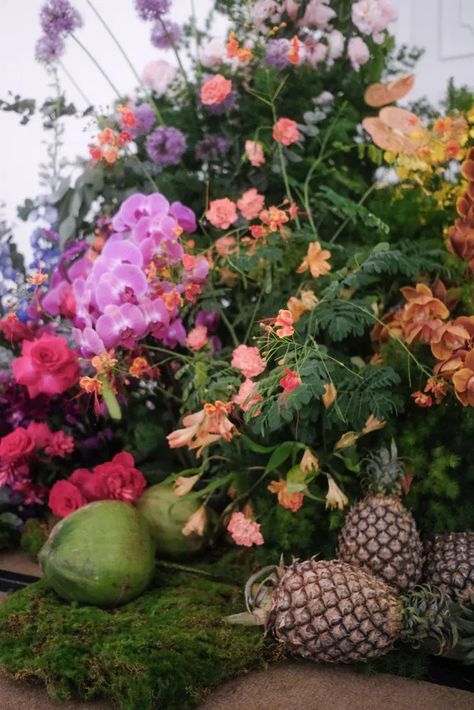 Vibrant tropical floral installation at Straits Room Ballroom at Fullerton Hotel Fullerton Hotel, Oncidium Orchids, Floral Installation, Colorful Florals, Cymbidium Orchids, Colonial Architecture, Phalaenopsis Orchid, Tropical Theme, Tropical Fruits