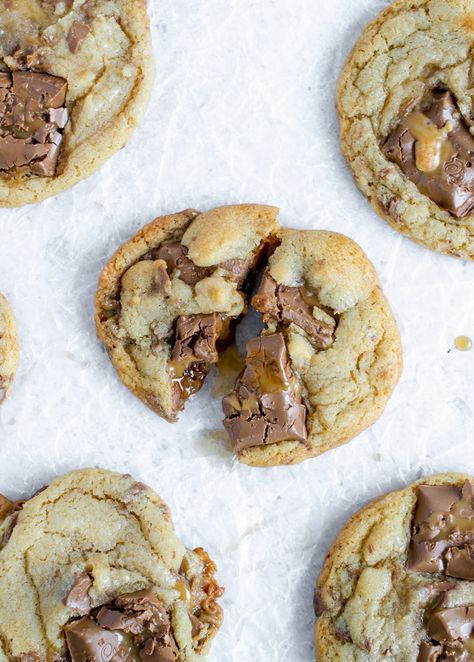 Caramilk Cookies - fitandfull.ca Eat Cookies, Cookie Dough Balls, Wedding Cookies, Chocolate Recipes, Free Recipes, Gluten Free Recipes, Cookie Dough, Cookie Recipes, Sweet Treats