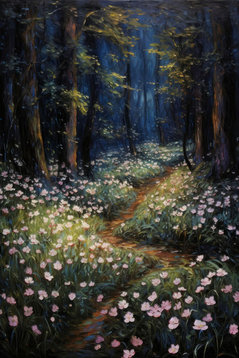 A vintage painting of wildflowers in the forest at night. Forest Night Painting, Forest At Night Painting, Magic Forest Painting, Dark Nature Painting, Simple Forest Painting, Nature Painting Ideas, Dark Forest Painting, Painting Of Forest, Forest Wildflowers