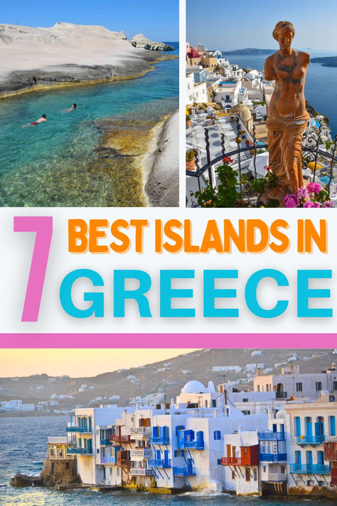 Images of people swimming at Sarakiniko Beach in Milos, sunset over Little Venice in Mykonos Greece, and the clifftop village of Imerovigli with a statue in Santorini Greece. What Greek Islands To Visit, Best Greek Islands To Visit, Greek Honeymoon, Greece Places To Visit, Greece Places, Greek Islands Vacation, Greek Islands To Visit, Greek Island Hopping, Best Greek Islands