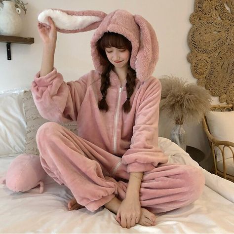 Warm Onepiece Hooded Bunny Pajama Jumpsuit Women Cartoon Animal Ear Onesie Cosplay Sleepwear Adult Pink Rabbit Pajamas Overalls| | - AliExpress Adult Onesie Pajamas, Bunny Onesie, Bunny Hoodie, Style Kawaii, Kid Experiments, Pajama Fashion, Cute Sleepwear, Onesie Pajamas