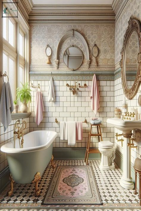 Best 40 Vintage Bathroom Idea With Retro Decor Bathroom Inspiration Vintage, Pink Bathroom Inspiration, Modern Victorian Decor Bathroom, Vintage Clawfoot Tub Bathroom, Bridgerton Bathroom, Clawfoot Tub Ideas, Bathroom Decor Victorian, Antique Bathroom Decor, Vintage Bathroom Ideas