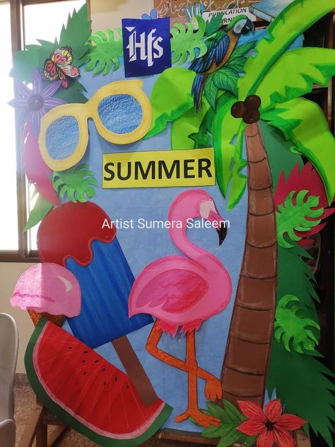 Summer board by Artist Sumera Saleem Wild Photoshoot, Kindergarten Art Crafts, Hand Art Kids, Spring Bulletin, Pool Party Kids, School Kids Crafts, School Board Decoration, Summer Board, Easy Art For Kids