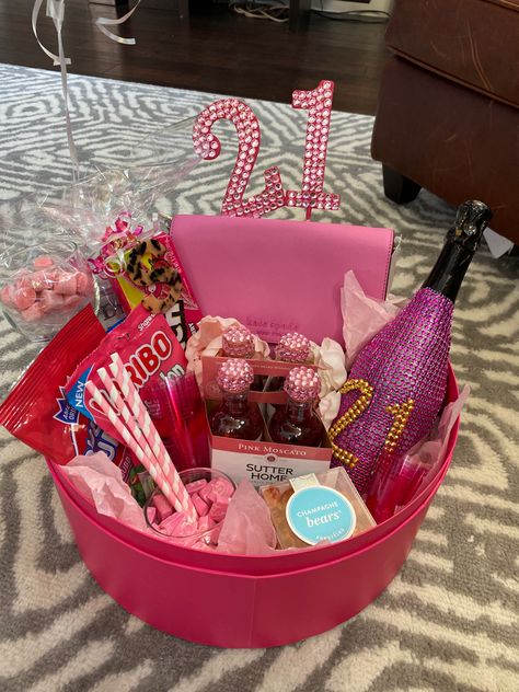 Pink 21st birthday gift basket wine champagne candy bubble gum hot pink kate spade purse glass shots 21st Bday Gift Basket, Color Party Ideas For Adults Pink Basket, Hot Pink Gift Basket, Pink Candy Basket, Pink Whitney Vodka Gift Basket, 18th Birthday Alcohol Gift Ideas, 21st Birthday Gift Baskets For Her, Diy 21st Birthday Gifts For Her Baskets, Vodka Gift Baskets