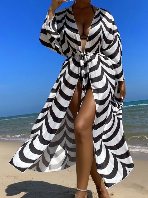 White Beach Cover Up, Black And White Beach, White Beach, Womens Kimono, Beach Covers, White Collar, Kimonos, Three Quarter, Cover Up