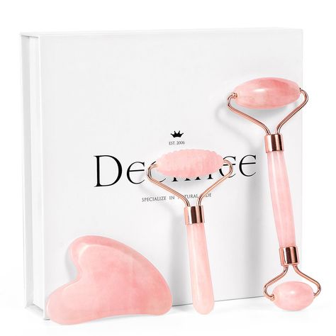 PRICES MAY VARY. ⭐6-IN-1 Jade Roller and Gua Sha Set with Gift Bag-This gift set comes with 1pc double head jade face roller, 1pc ridged jade facial roller,1pc heart shape jade gua sha tool,1pc face cleaning brush,1pc face mask brush and 1pc oil dropper bottle. All boxed up with gift box and bag,ready for gifting 🔅Well Crafted Not Squeaky-The real jade roller is made of 100% Original & Premium quality jade stone.The quartz smooth and rolls well without any squeaky noise.The quality metal handle is very sturdy and won't get rusted. ⭐Benefits- Face quartz roller promotes blood circulation, which can reduce puffiness,eye bag and wrinkle, it is much helpful to relief pressure, always with a relaxative and graceful mood.it Making you look and feel younger.We suggest you can pop it in freezer b Jade Roller And Gua Sha, Face Cleaning Brush, Roller And Gua Sha, Jade Face Roller, Jade Gua Sha, Quartz Roller, Oil Dropper, Face Mask Brush, Roller For Face