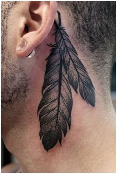 Feather Tattoos for Men - Ideas and Designs for Guys Native Feather Tattoos, Feather Tattoo Behind Ear, Feather Tattoo For Men, Feather Tattoo Meaning, Indian Feather Tattoos, Best Neck Tattoos, Native Tattoos, Feather Tattoo Design, Back Of Neck Tattoo