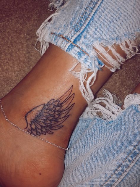 Inside Ankle Tattoo Cover Up, 2001 Ankle Tattoo, Name On Ankle Tattoo, Ankle Tattoo Inside, Baddie Ankle Tattoos, Wing Tattoo On Ankle, Wings On Ankle Tattoo, Ankel Tattoos Simple, Side Ankle Tattoos For Women