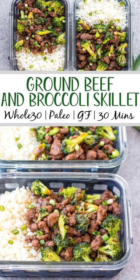 This Whole30 ground beef and broccoli skillet is perfect for a quick weeknight meal or meal prep recipe. It comes together in under 30 minutes, has a simple ingredient list which makes it budget friendly, and reheats well! It's also paleo, low carb, and gluten-free, so everyone can enjoy it. Made in only one pan, so you won't have to spend time on clean up either! #groundbeefrecipes #onepan #skilletrecipes #whole30beef #lowcarb #glutenfreerecipes Ground Beef Recipes Easy Low Carb, Whole 30 Ground Beef Recipe, Ground Beef Meal Prep Low Carb, Healthy Grass Fed Beef Recipes, Organic Beef Recipes, Em2 Recipes, Pancreas Friendly Recipes, Ground Beef Bowls Low Carb, Macro Friendly Recipes Dinner Beef