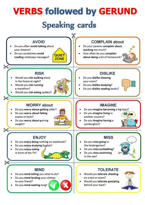 Verbs Followed By Gerund, Speaking Activities English, Speaking Cards, English Teaching Materials, Teaching English Grammar, Conversational English, Speaking Activities, English Verbs, Learn English Grammar