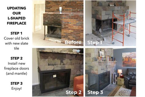 L Shape Fireplace, L Shaped Fireplace, Corner Fireplaces, Painted Brick Fireplace, Tile Steps, Gas Insert, Fireplace Update, Gas Log Sets, Fireplace Doors