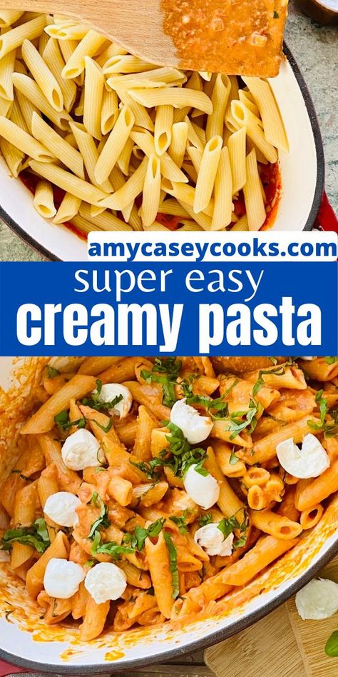 Mixing pasta in sauce and a bowl of creamy tomato pasta with fresh mozzarella and basil Pasta With Tomato Paste, Fresh Mozzarella Recipe, Basil Pasta Recipes, Tomato Paste Recipe, Butter Sauce For Pasta, Fresh Basil Recipes, Fresh Tomato Pasta, Creamy Tomato Pasta, Mozzarella Pasta