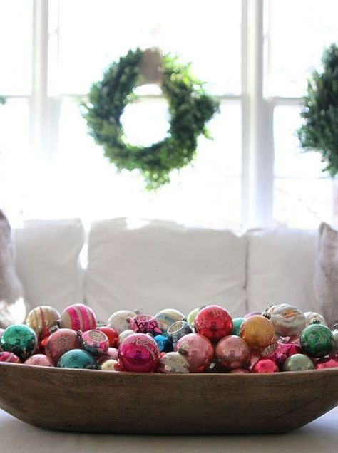 a wooden dough bowl with vintage ornaments is ideal for Christmas decor of various spaces and can be used as a centerpiece Dough Bowl Decorating Ideas, Christmas Dough Bowl, Dough Bowl Centerpiece, Christmas Bowl, Vintage Christmas Stockings, How To Make Christmas Tree, Wooden Dough Bowl, Christmas Ornament Wreath, Christmas Tablescape