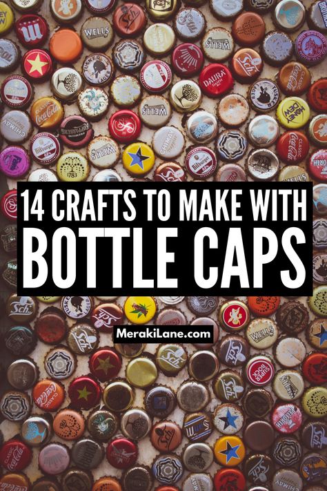 14 Bottle Cap Crafts for Kids of All Ages | If you have metal beer bottle caps, screw tops from wine bottles, or plaster water bottle caps hanging around, and want some fun recycling art projects you can create with your kids or students, this post has tons of ideas to inspire you! From pop bottle necklaces, to beer cap magnets, to decorative artwork like sunflowers and landscapes, to coasters and more, there are so creative ways you can upcycle bottle caps with your kids! Metal Bottle Top Crafts, Beer Cap Projects For Bar, Bottle Top Table Beer Caps, Beer Caps Crafts, Dollar Tree Galvanized Bottle Cap Crafts, Crafts Using Bottle Caps, Bottle Cap Artwork, Bottlecap Art Projects, Soda Cap Crafts