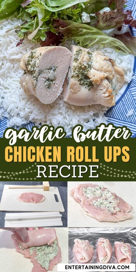 Baked Garlic Butter Chicken Roll Ups | Boneless Chicken Breast Recipes Boneless Chicken Breast Recipe, Baked Garlic Butter Chicken, Chicken Boneless Breast Recipes, Impressive Dinner, Chicken Roll Ups, Golden Chicken, Chicken Roll, Roll Ups Recipes, Jello Shot