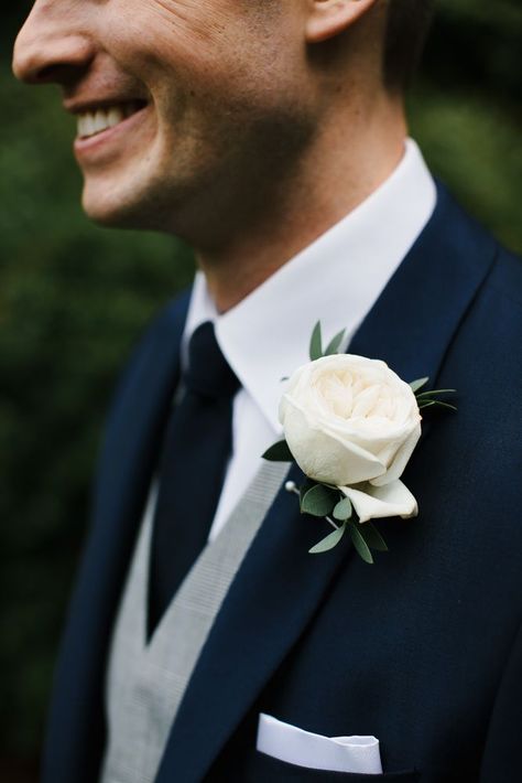 White Rose Buttonhole With Navy & Grey Suits | Chris Barber Photography Rose Button Holes Wedding, Rose Buttonholes Wedding, White Rose Buttonhole, Groom Boutonniere White Rose, White Button Holes, Groom Flower Pin, Navy Grey Suit, White Buttonhole, Navy Groomsmen Suits