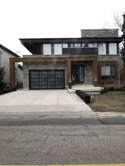 Glass Garage, Glass Garage Door, Modern Garage, Black Brick, Casas Coloniales, Tinted Glass, Exterior Remodel, Exterior Stone, House Paint Exterior