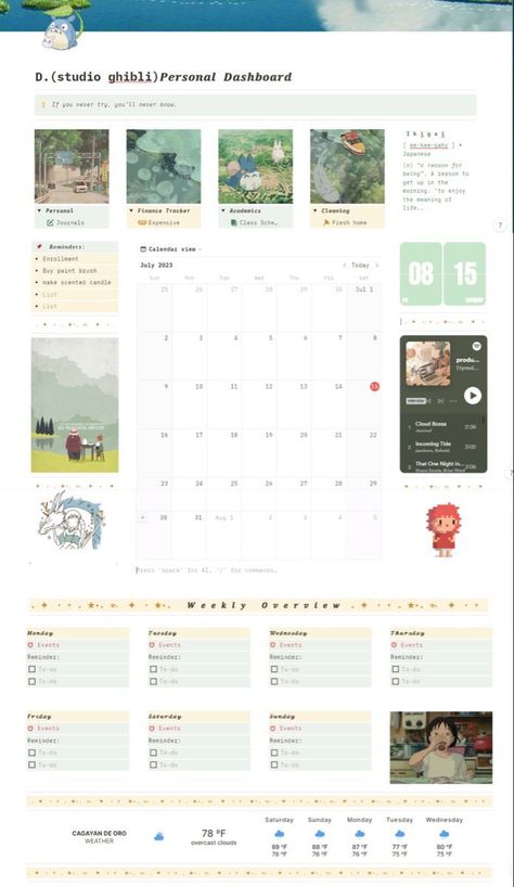 notion templates for students Ghibli Template, Ghibli Notion Template, Studio Ghibli Notion, Ghibli Notion, 2023 Notion, Student Planner Organization, Notion Inspo, Notion Ideas, Life Planner Organization