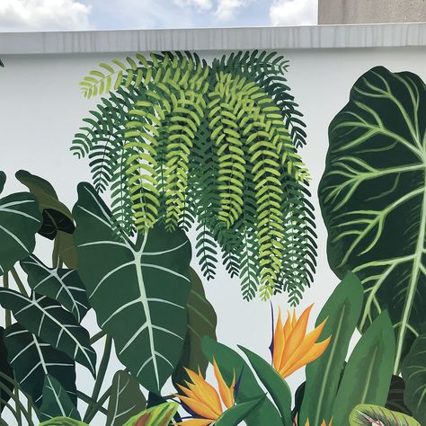 Plant Murals On Wall, Tropical Leaves Mural, Tropical Wall Murals Painted, Botanical Mural Painting, Leafy Mural, Greenery Mural, Plant Mural Wall, Mural Wall Art Ideas, Jungle Wall Painting