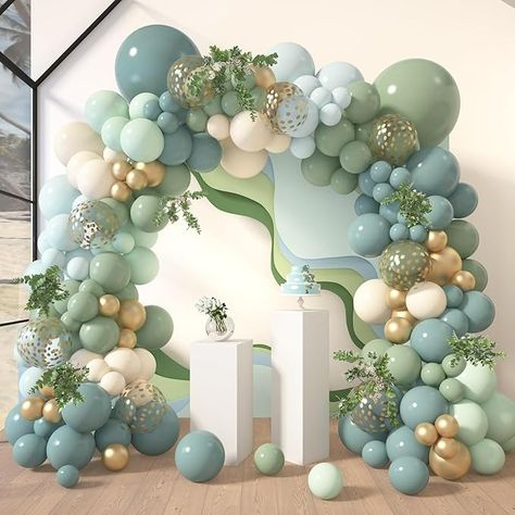 Amazon.com: Amandir 170Pcs Dusty Blue Green Balloon Garland Arch Kit, Haze Fog Blue Ash Mist Sage Green Sand White Gold Confetti Balloons for Baby Shower Wedding Bridal Boho Birthday Party Backdrop Decorations : Toys & Games Blue Green And Gold Balloon Arch, Blue Green Brown Balloon Garland, Green And Blue Birthday Party Decor, Green And Blue Party Decorations, Sage Green And Blue Baby Shower Ideas, Blue Green Baby Shower Ideas, Green And Blue Baby Shower Ideas, Blue And Green Baby Shower Ideas, Green And Blue Party