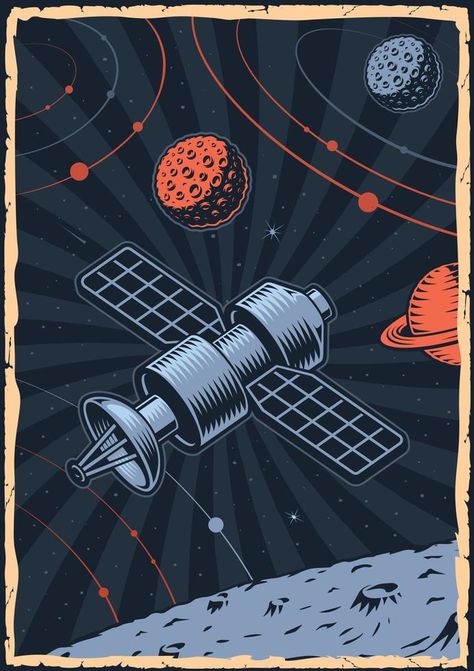 Colour space poster with illustration of a satellite in vintage style. Satelite Illustrations, Space Satellite Drawing, Space Satellite Illustration, Satelite Drawings, Space Exploration Poster, Space Vector Illustration, Satellite Painting, Space Design Illustration, Satelite Art