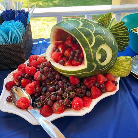 Watermelon Shapes, Fishing Cakes, Baby Brothers, Fishing Themed Birthday Party, Baby Shower Fishing, Ocean Birthday Party, Raw Vegan Diet, Fishing Birthday Party, Fruit Diet