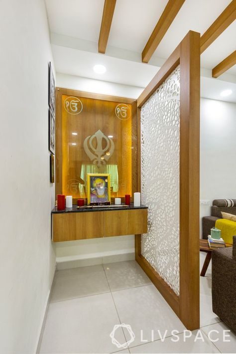 Puja Space In Living Room, 2bhk House Plan With Pooja Room, Mandir Partition In Living Room, Pooja Room Designs, Mandir Ideas, Wallpaper Decor Ideas, Kitchen Divider, Puja Mandir, Partition Ideas