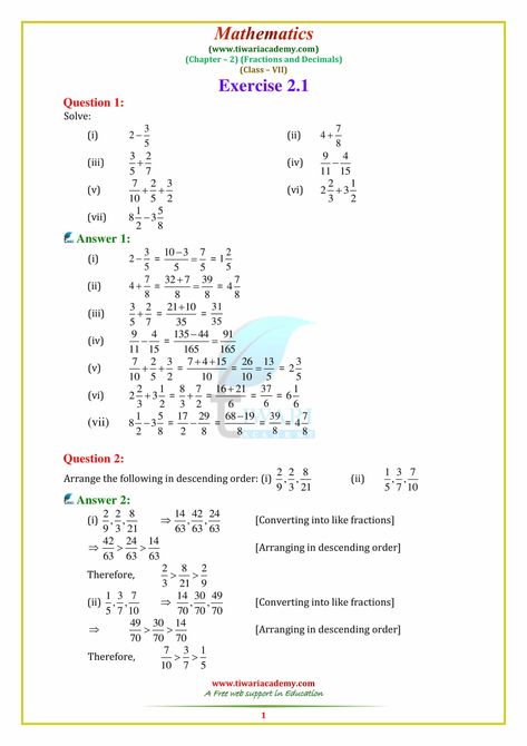 NCERT Solutions for Class 7 Maths Chapter 2 Fractions and Decimals Class 7 Maths Worksheet, Algebra Equations Worksheets, Fraction Worksheet, Typing Tutorial, Maths Notes, Maths Learning, Math Fractions Worksheets, Writing Fractions, Pre Algebra Worksheets