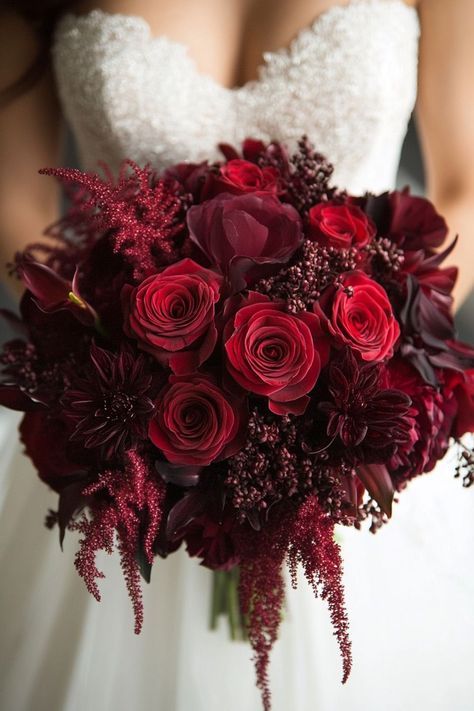 Deep Red Bridal Bouquet, Red Wedding Bouquet Ideas, Lavender And Red Wedding, Red Dahlia Bouquet, Romantic Vintage Aesthetic, Red Rose Wedding Theme, Wedding Bouquets Roses, Rose Themed Wedding, Rose Bride Bouquet